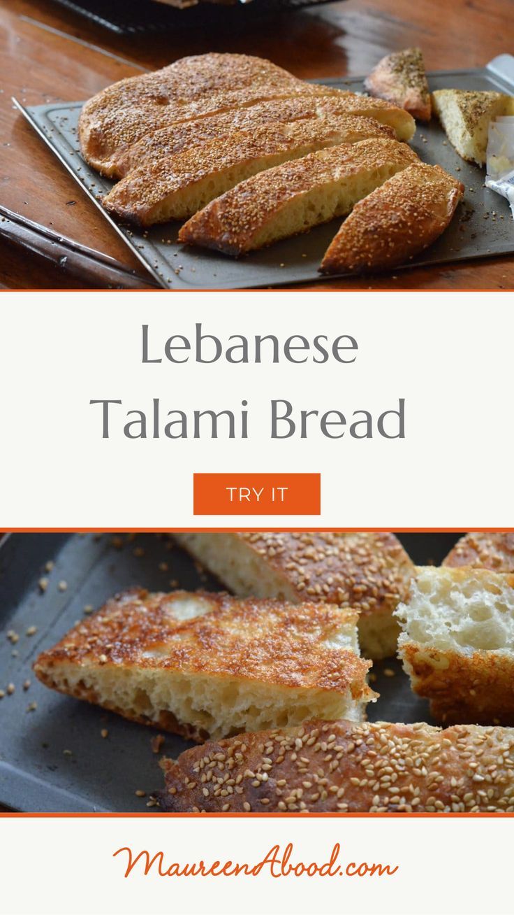 some bread that is sitting on a pan and has been cut into pieces with the words lebanese talami bread try it