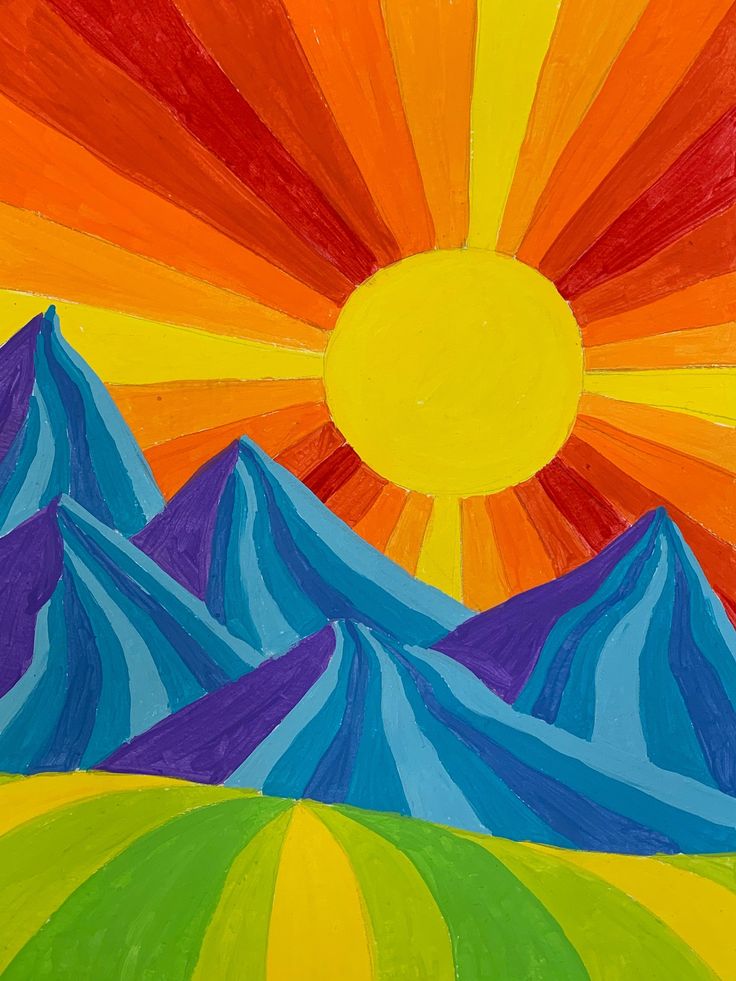 a painting of mountains with the sun in the background