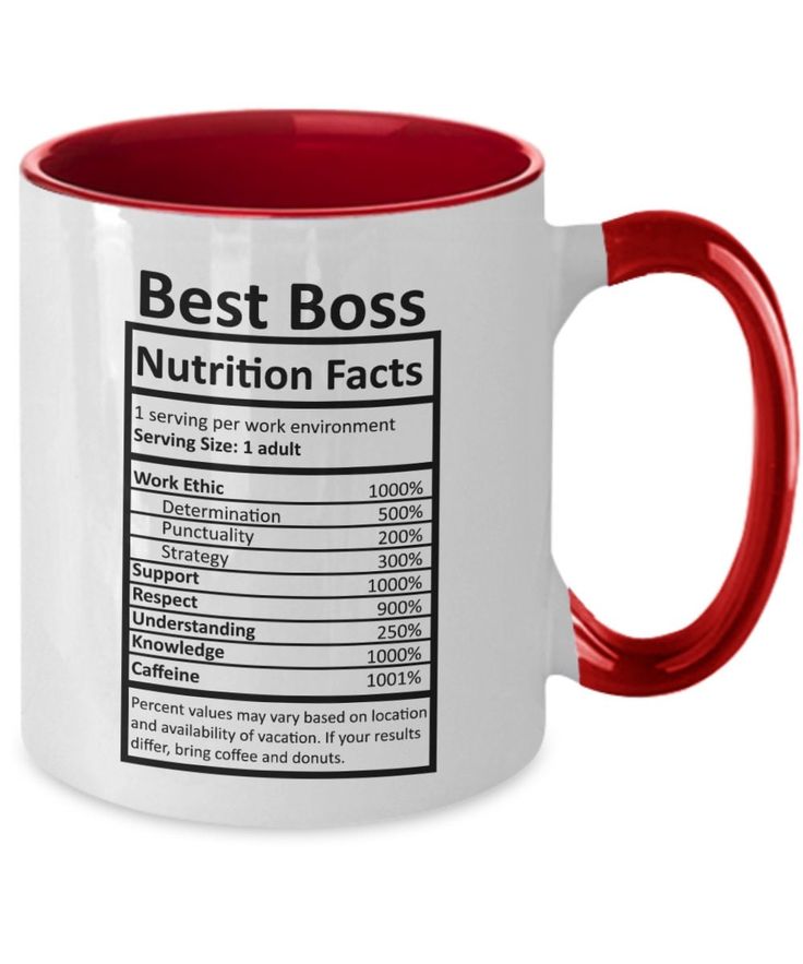 a red and white coffee mug with nutrition information