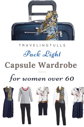 the capsule wardrobe for women over 60 is shown in blue and white, with text that reads