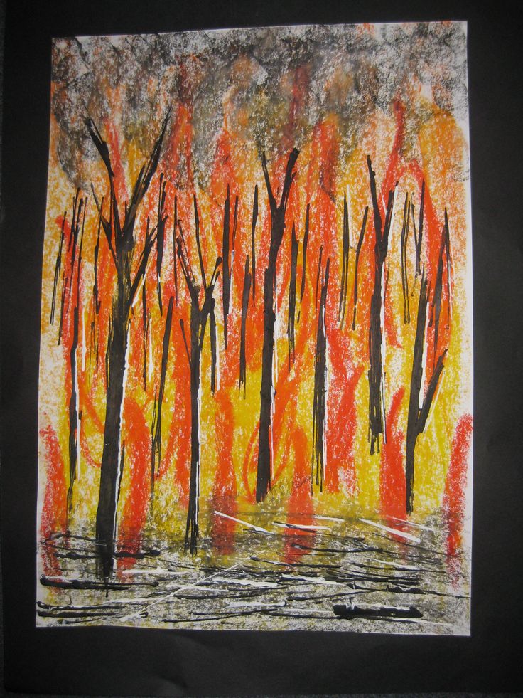 an abstract painting with trees in the background