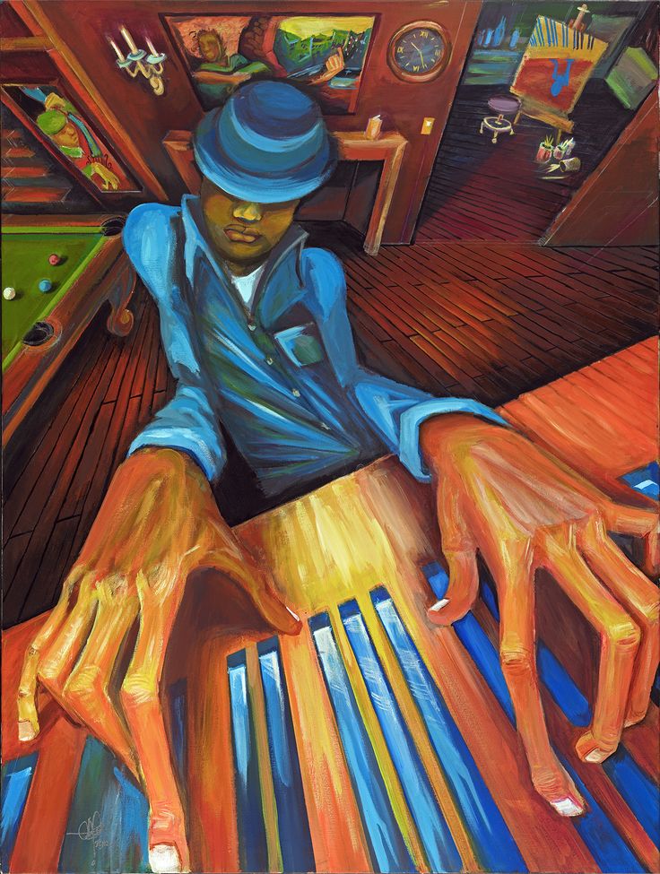 a painting of a man sitting at a table playing the piano while wearing a blue hat