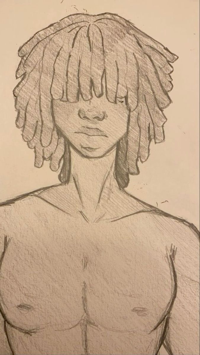 a pencil drawing of a man with dreadlocks on his head and chest, in front of a white background