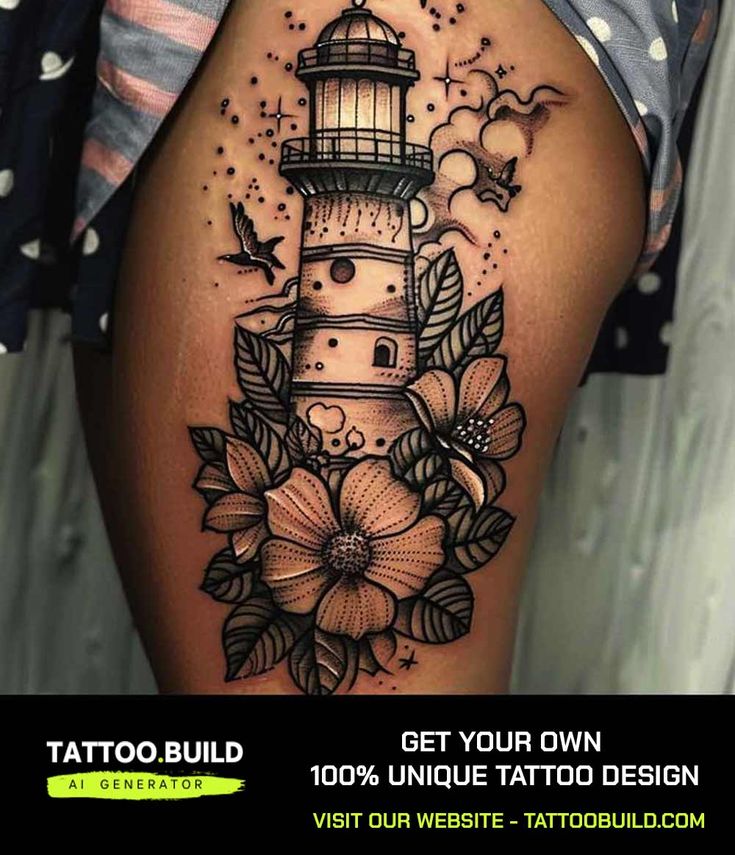 a woman's thigh with a lighthouse and flowers tattoo on the side of her leg