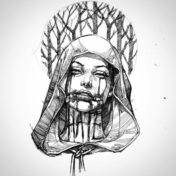 a drawing of a person wearing a headdress with blood dripping down the face