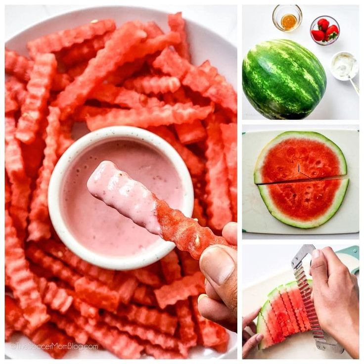 there are pictures of different fruits and vegetables being used to make dips in watermelon