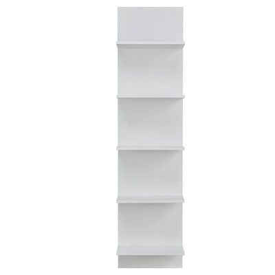 a tall white shelf with four shelves on each side