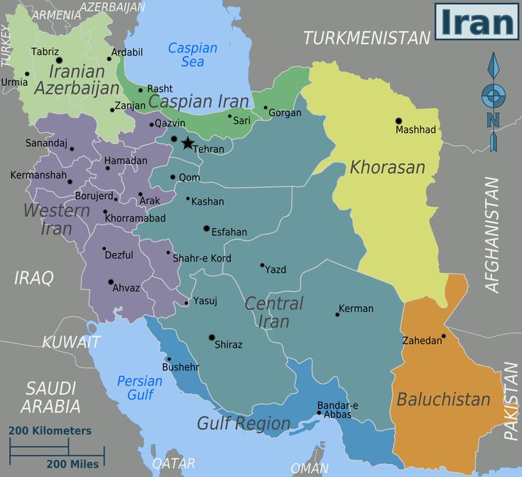 a map of the middle east with countries labeled in different colors and names on it