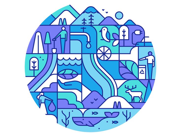 a blue and white circle with an image of mountains, trees, and animals in it