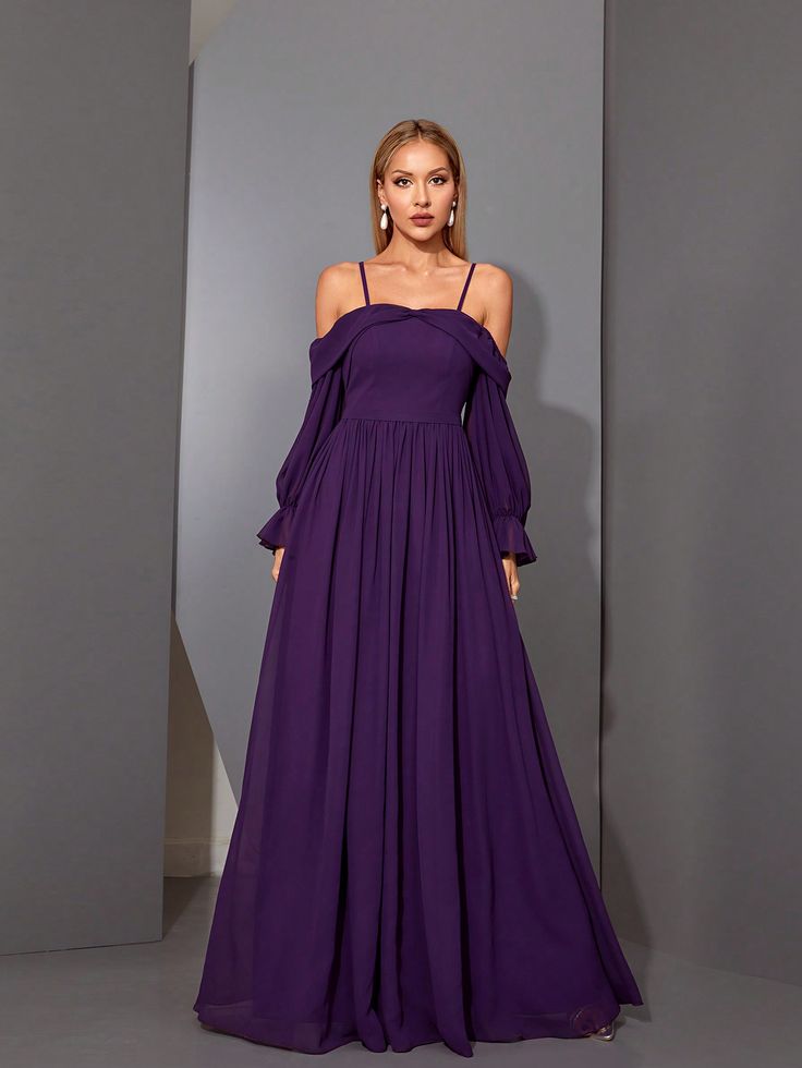 Mgiacy Off-Shoulder Pearl Chiffon Lantern Sleeve High-End Evening Dress Elegant Long Sleeve Bridesmaid Dress Purple   Long Sleeve Chiffon Plain A Line Non-Stretch  Weddings & Events, size features are:Bust: ,Length: ,Sleeve Length: Long Sleeve Bridesmaid Dress, Dress Elegant Long, Purple Bridesmaid Dresses, Purple Long Sleeve, Fairy Fashion, فستان سهرة, Chiffon Long Sleeve, Evening Dresses Elegant, Dress Purple