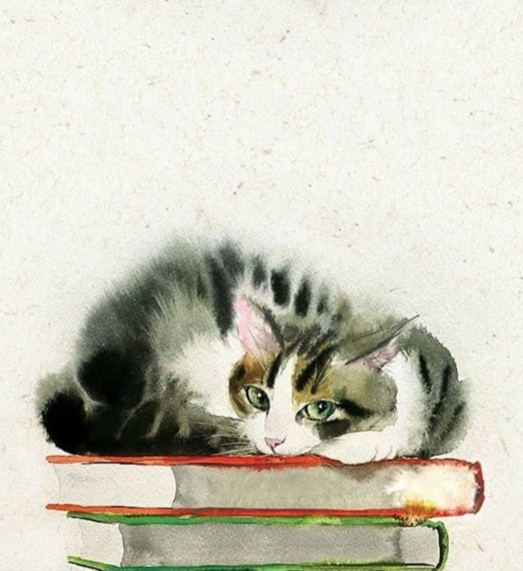 a watercolor painting of a cat laying on top of a stack of books with green eyes