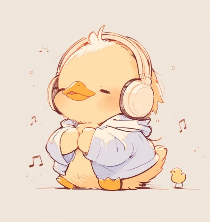 a cartoon duck with headphones sitting on the ground