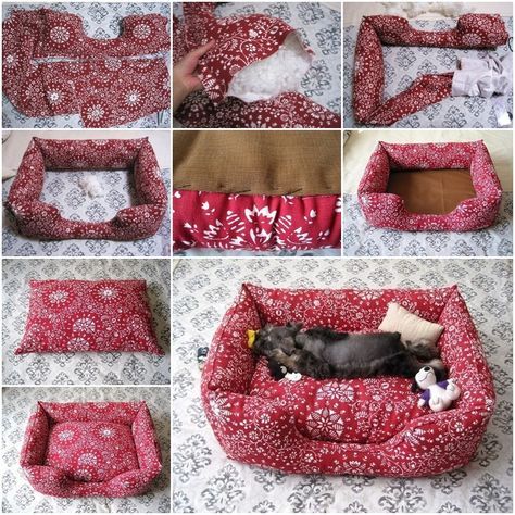 several pictures of different types of dog beds in various stages of being made and placed together