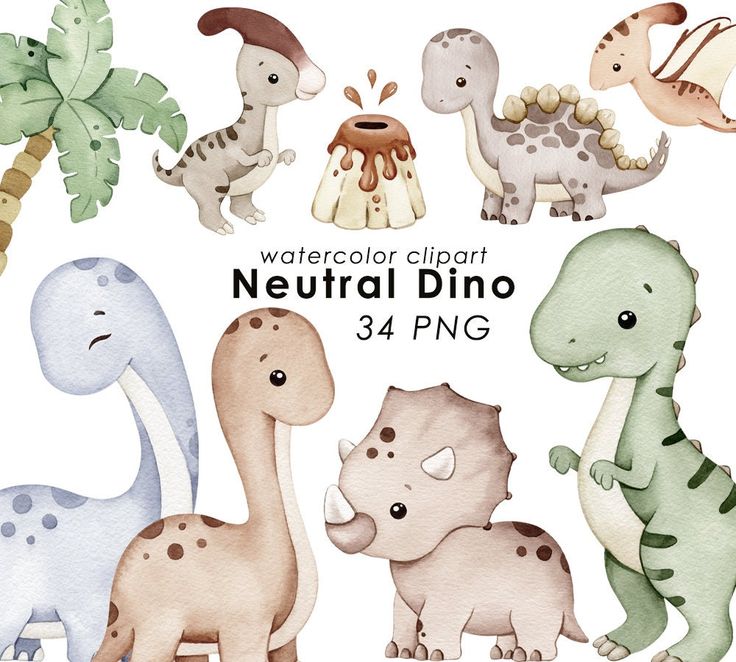 watercolor clipart dinosaurs with different shapes and sizes, including the one in the middle