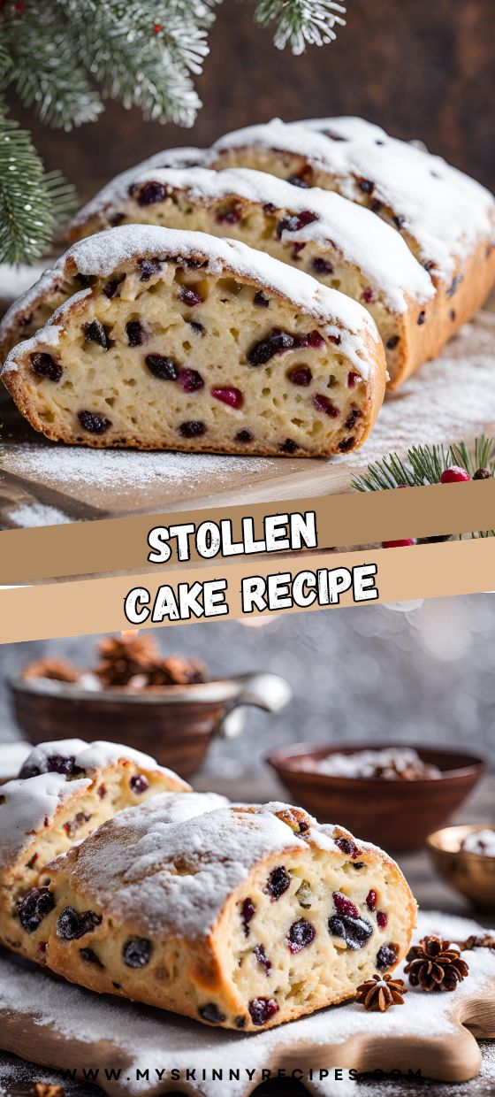 two pictures with different types of bread on them and the words stolen cake recipe below