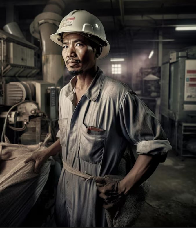 a man wearing a hard hat standing in a factory