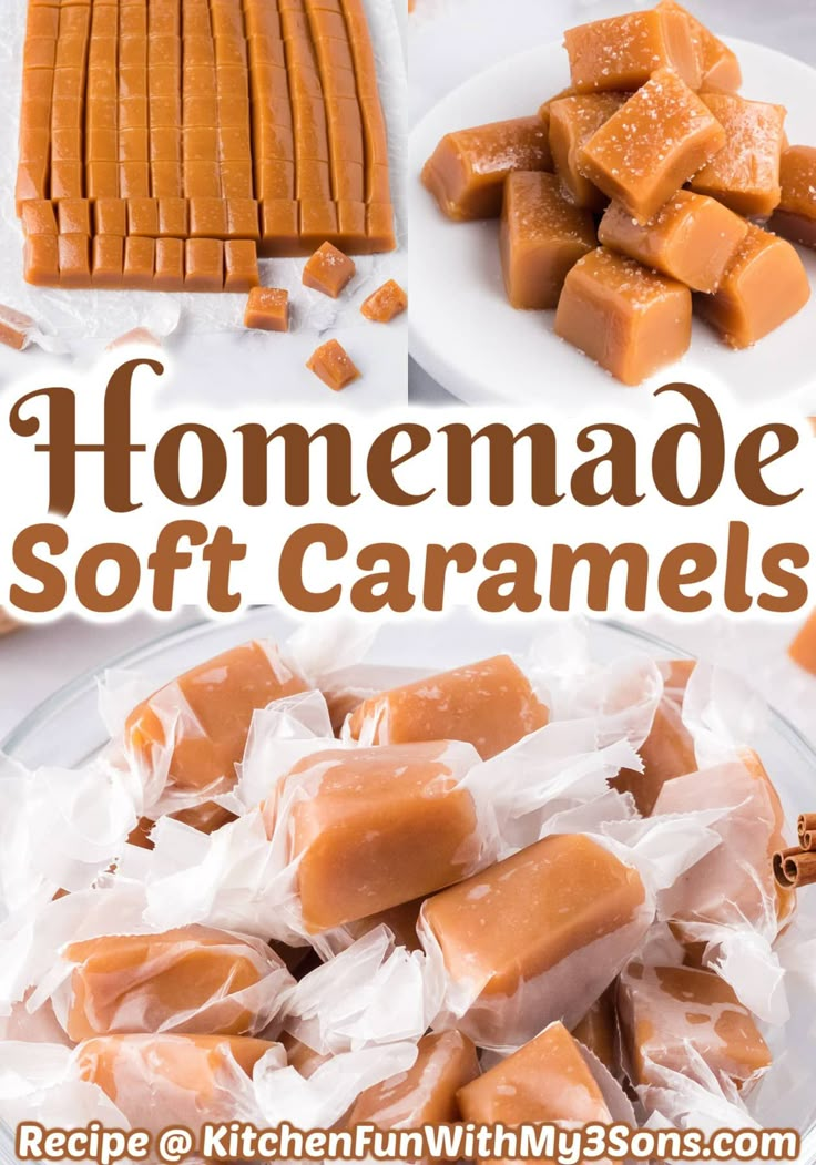 homemade soft caramels on a plate with text overlay