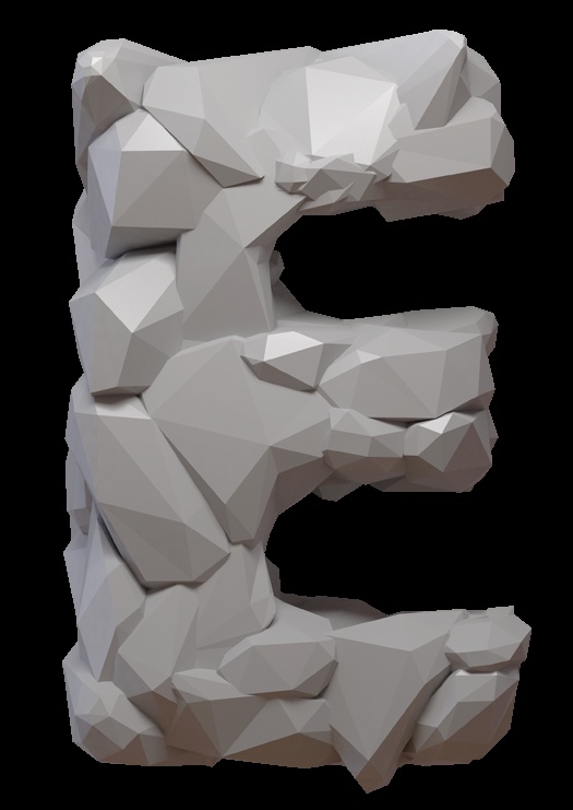 the letter e is made up of low polygonal shapes and has been placed on top of each other