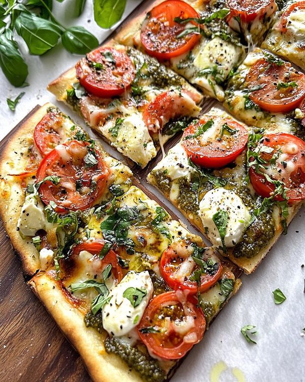 a pizza with tomatoes, mozzarella and basil on it sitting on a cutting board