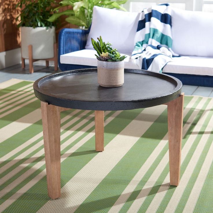 a coffee table with a potted plant on it