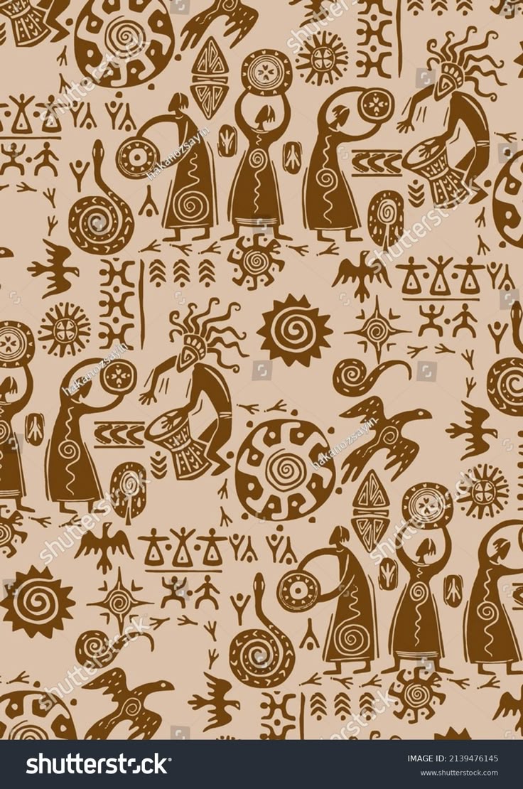 seamless pattern with ancient symbols and animals on the beige background stock photo - 5479