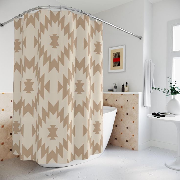 a white bath tub sitting next to a shower curtain