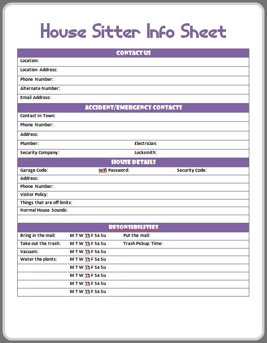 the house sitting information sheet is shown in purple and white, as well as an image of