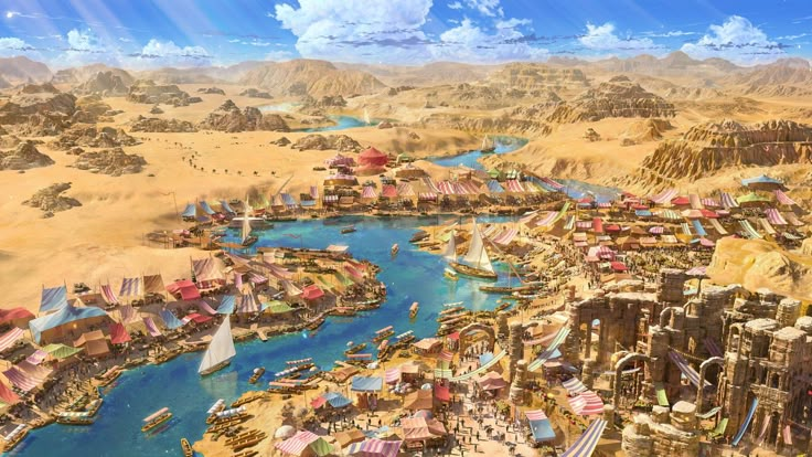 an artist's rendering of a city in the middle of a desert with lots of water