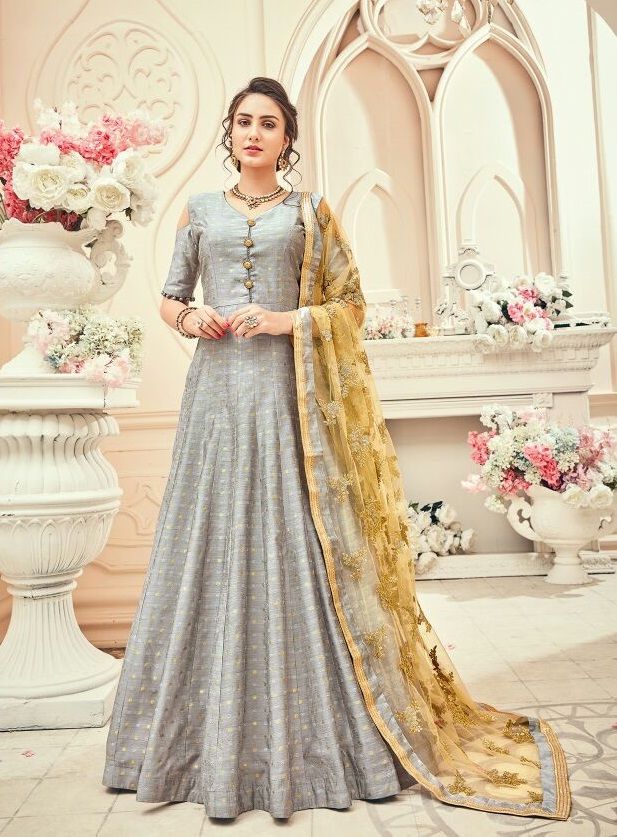 #grey  #yellow  #silk #anarkali #salwarkameez | silk jacquard fabric | heavy embroidey | heavy dual santoon | heavy net with embroidered work dupatta | occasional wear | Silk Salwar Kameez With Zari Work, Floor-length, Floor-length Tissue Silk Salwar Kameez With Zari Work, Transitional Season Zari Work Maxi Salwar Kameez, Unstitched Tussar Silk Bollywood Salwar Kameez, Simple Anarkali, Luxury Gown, Pakistan Bride, Gharara Designs, Indian Gown