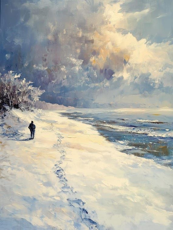 a painting of a man walking along the beach in winter with footprints on the snow