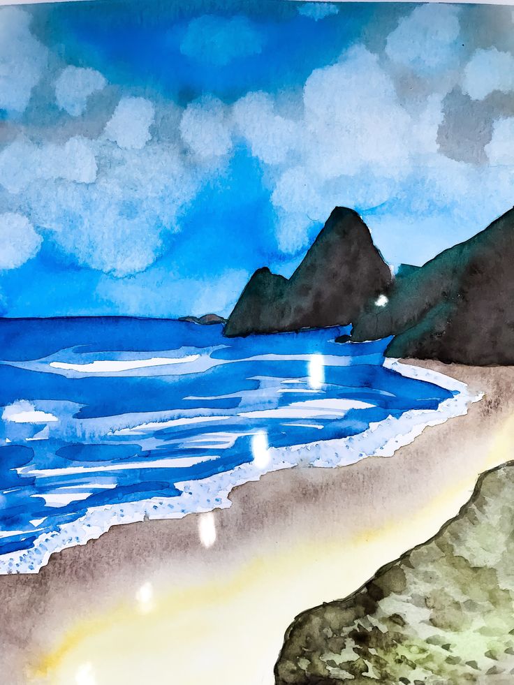 a watercolor painting of a beach with rocks and the ocean in the background at night