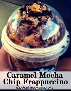 caramel mocha chip frappuccino ice cream in a plastic cup with the words caramel mocha chip frappuccino on it