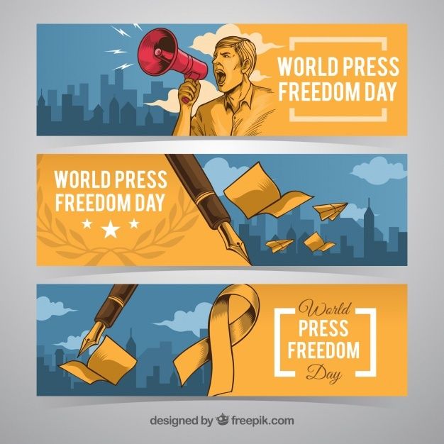 two banners with the words world press day and an image of a man holding a megaphone