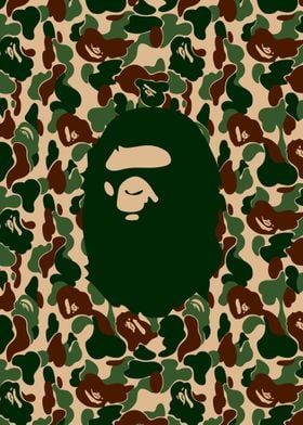 a bathing ape in the middle of a camouflage print wallpaper with brown, green and white colors