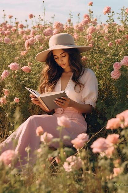 a woman wearing a hat sitting in a field of flowers holding a book and reading