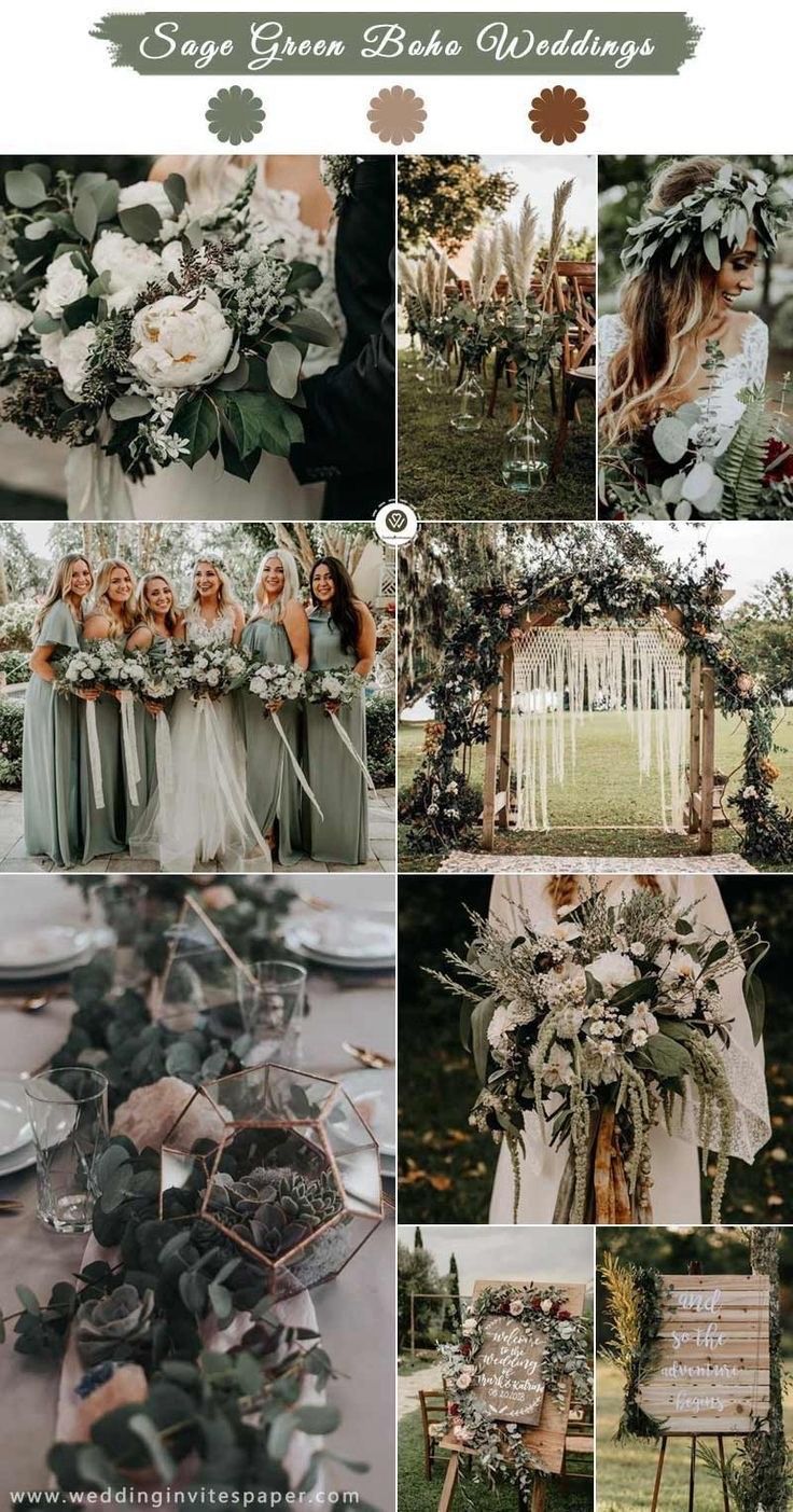 a collage of photos with flowers, greenery and other things to do for the wedding