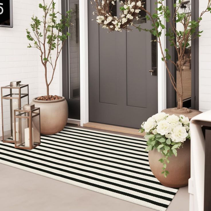 a front door with two large planters and flowers on the rug next to it