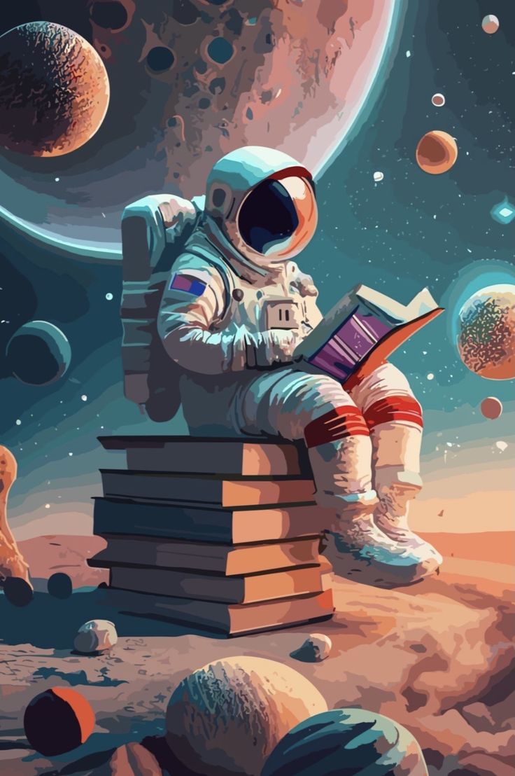 an astronaut reading a book while sitting on top of a pile of books in front of planets