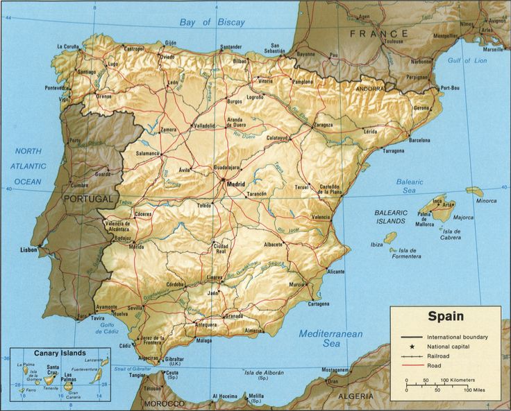 a large map of spain with all the roads and major cities on it's sides