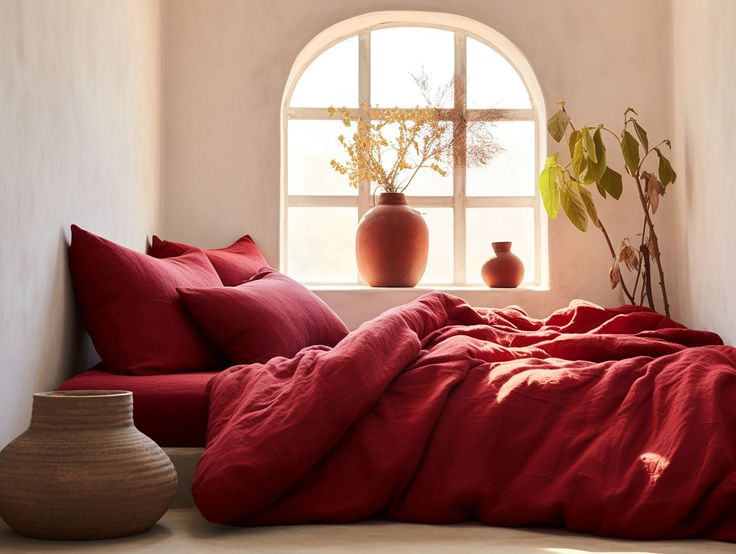 a bed with red sheets and pillows in front of a large round window that has potted plants next to it