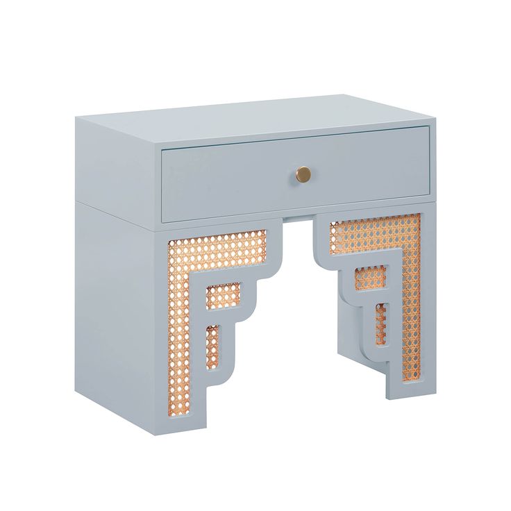 a white table with an illuminated top and drawers on one side, in the shape of a letter f