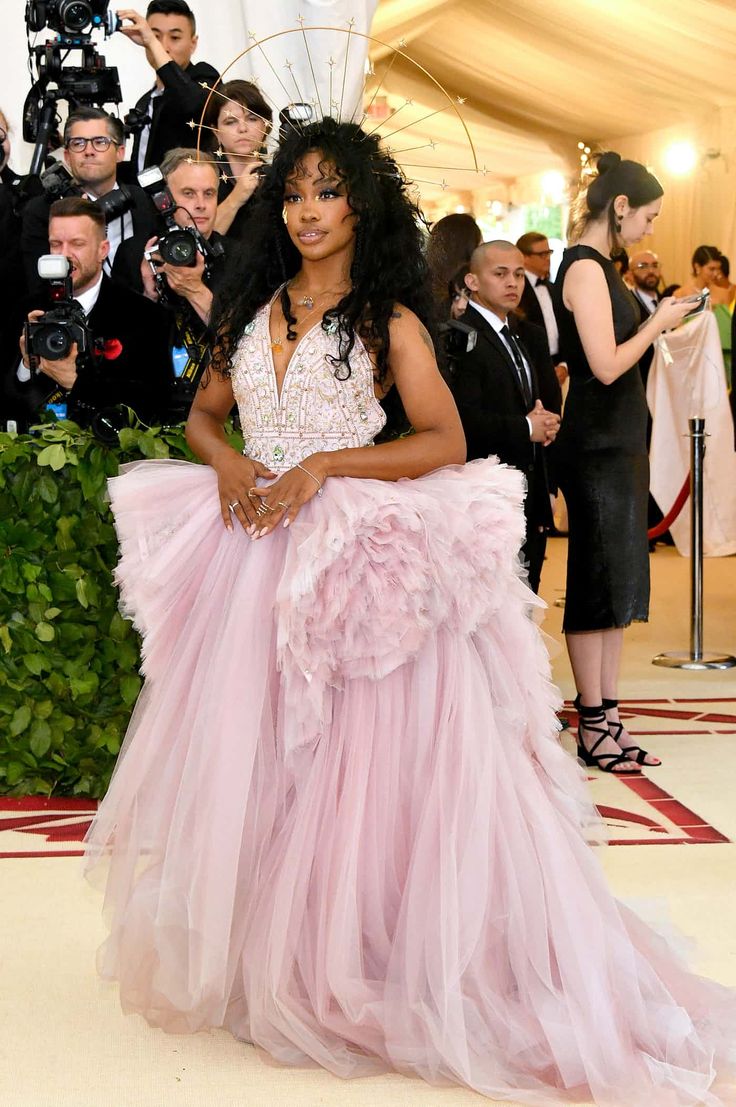 a woman in a long pink dress standing on the red carpet with cameras around her