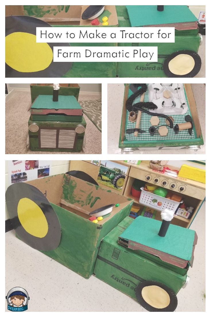 the instructions for how to make a tractor shaped farm dramatic play set with cardboard boxes