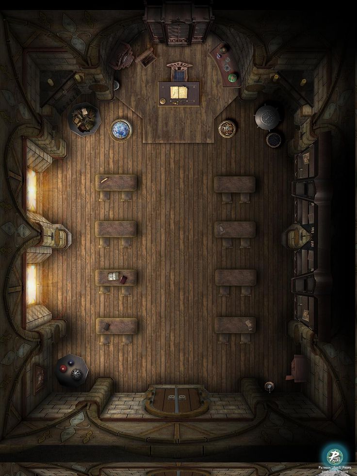 an overhead view of a room with wooden walls and flooring in the shape of a ship