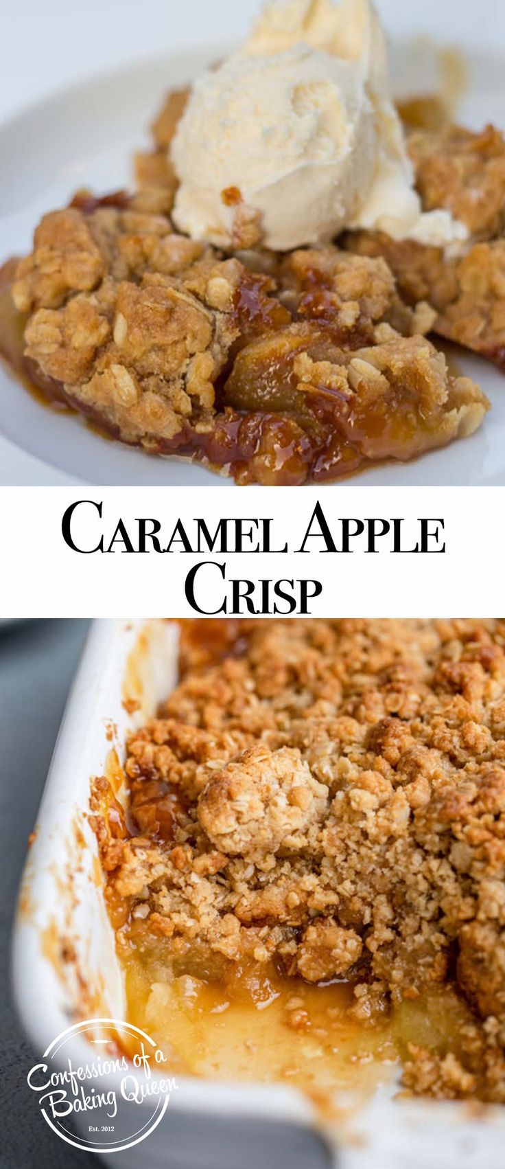 two pictures with different types of desserts on them and the words caramel apple crisp