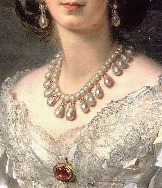 a painting of a woman in white dress with pearls on her necklace and earring