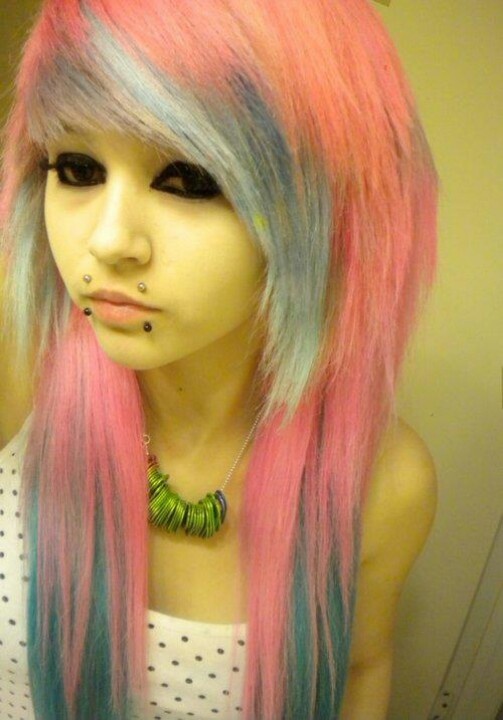 #blue & #pink #hair Scene Kid Hair, Canine Bites, Scene Haircuts, Facial Piercing, Emo Scene Girls, Lip Piercings, Cotton Candy Hair, Scene Makeup, Emo Scene Hair