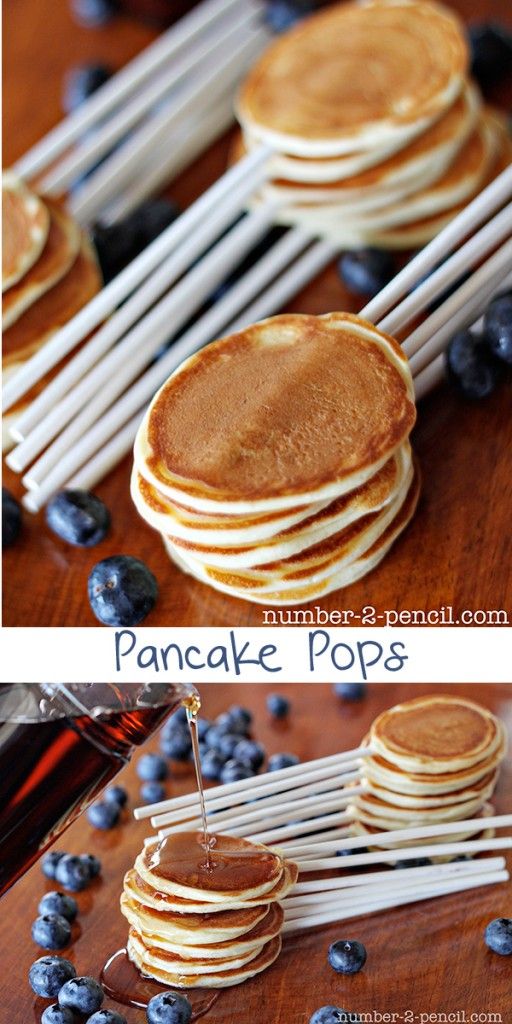 pancake pops with blueberries and syrup being drizzled on them for breakfast