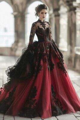 Gothic Red And Black Wedding Dress, Gothic Style Wedding Dress, Black And Red Wedding Dresses The Bride, Gothic Red Wedding, Black And Red Wedding Dress, Red And Black Wedding Dress, Vampire Ball Gown, Goth Weddings, Gothic Wedding Ideas