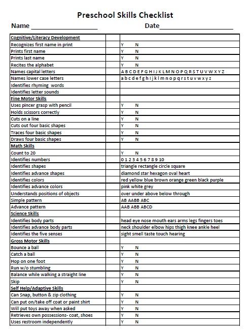 the printable checklist for preschool skills